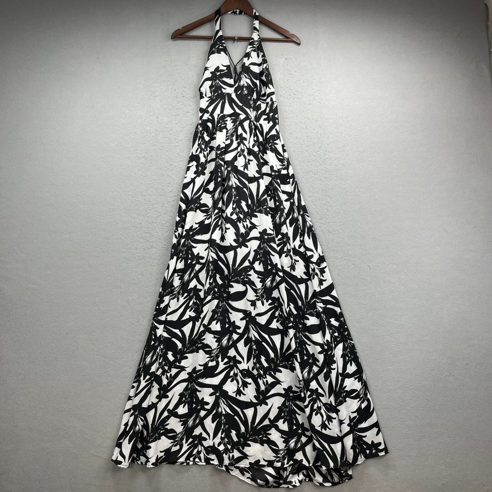 BB Dakota Maxi Dress Womens 6 Black White Floral Halter V Neck Backless Tropical